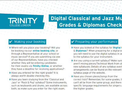A handy checklist for entering a Classical and Jazz Digital Grade or Diploma exam (download)